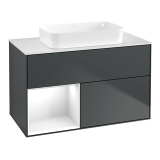 V&B Meuble sous lavabo Finion 100x60,3 cm, blanc brillant, façade bois laqué bleu mat