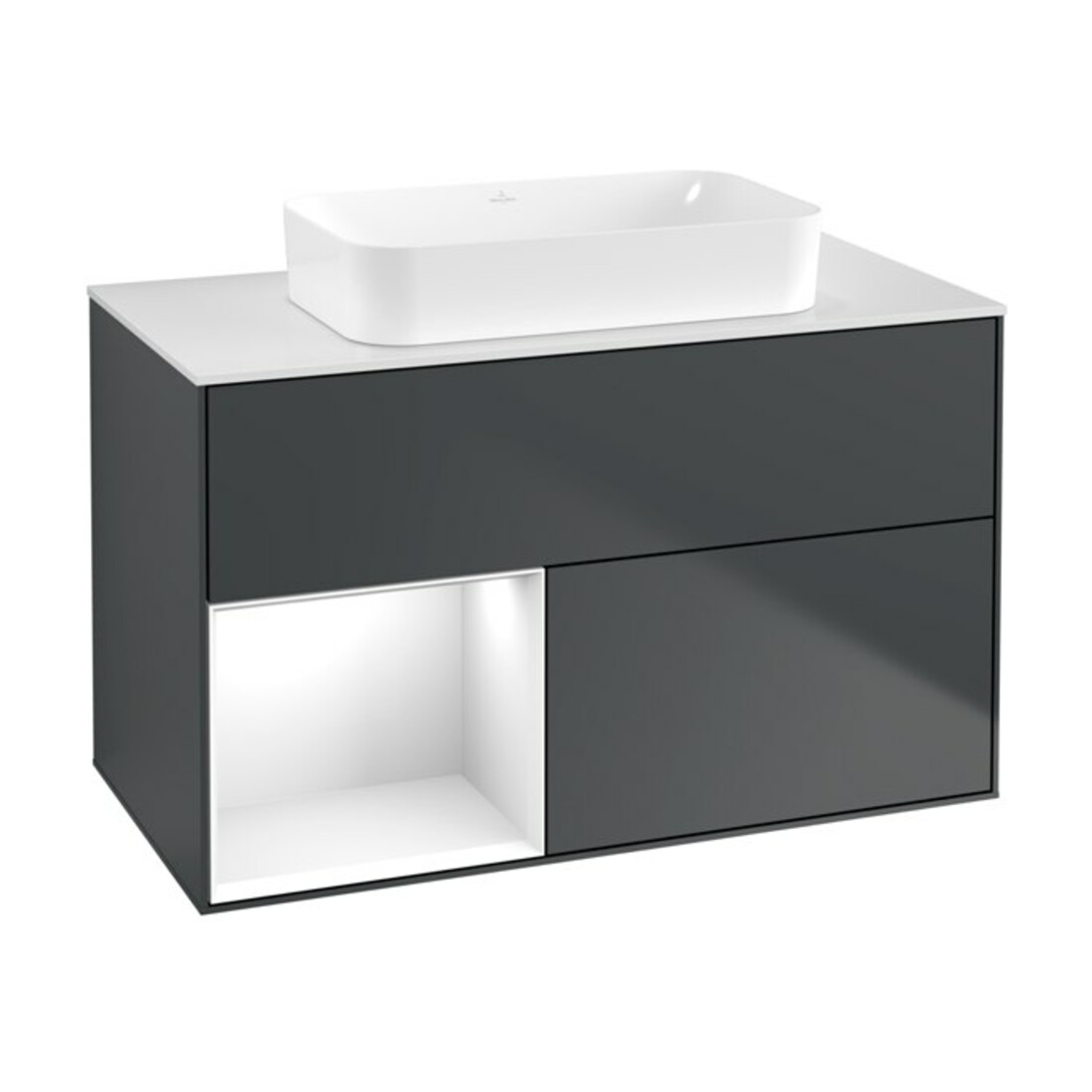 V&B Meuble sous lavabo Finion 100x60,3 cm, blanc brillant, façade bois laqué bleu mat