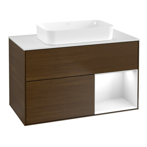 V&B Meuble sous lavabo Finion 100x60,3 cm, éclairage mural, blanc brillant, noyer veneer