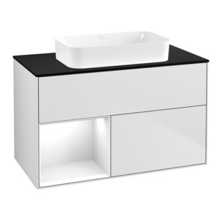 V&B Meuble sous lavabo Finion 100x60,3 cm, éclairage mural, blanc laqué brillant