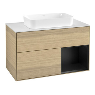 V&B Meuble sous lavabo Finion 100x60,3 cm, éclairage mural, chêne laqué bleu, placage Oa
