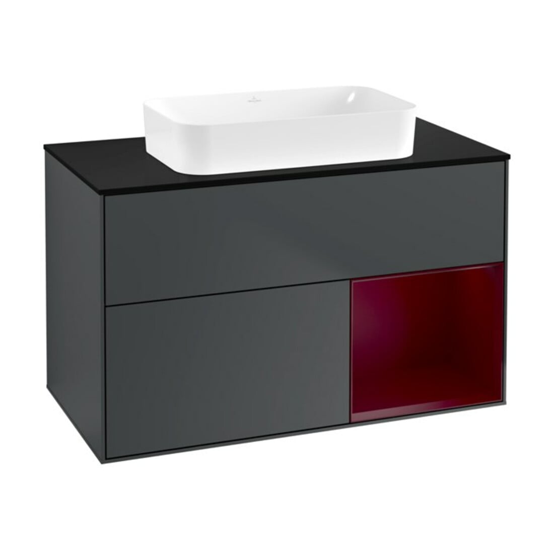 V&B Meuble sous lavabo Finion 100x60,3 cm, éclairage mural, droite, bleu mat avec Lac