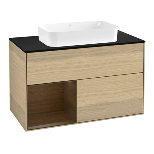 V&B Meuble sous lavabo Finion 100x60,3 cm, éclairage mural, placage chêne, rég. gauche