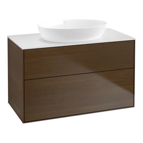 V&B Meuble sous-lavabo Finion 100x60,3 cm, éclairage mural, placage noyer, blanc