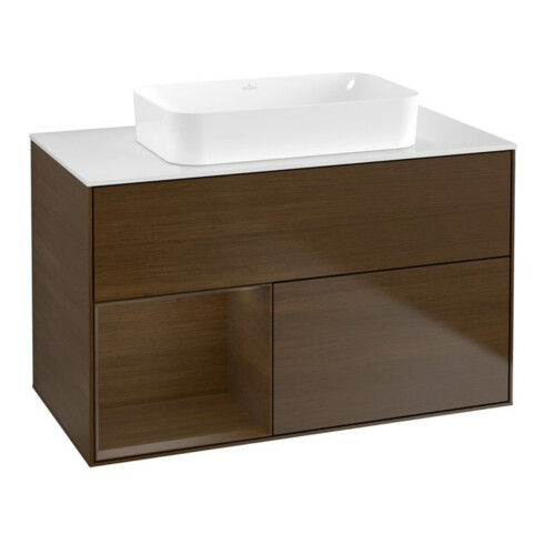 V&B Meuble sous-lavabo Finion 100x60,3 cm, éclairage mural, placage noyer, rég. gauche