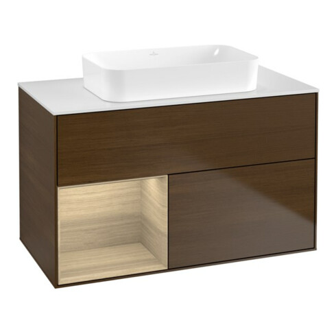 V&B Meuble sous lavabo Finion 100x60,3 cm, éclairage mural, placage noyer, rég gauche Oa ven