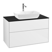 V&B Meuble sous lavabo Finion 100x60,3 cm, éclairage mural, plaque d'abattant bleue mate, blanc brillant Lac