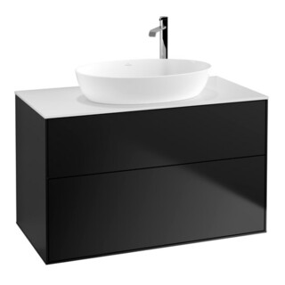 V&B Meuble sous lavabo Finion 100x60,3 cm, éclairage mural, plaque de fermeture blanche, bleu avec laque