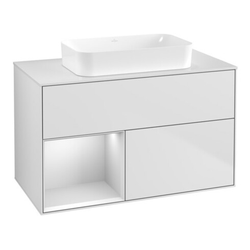 V&B Meuble sous-lavabo Finion 100x60,3 cm, éclairage mural, rég. gauche, blanc laqué