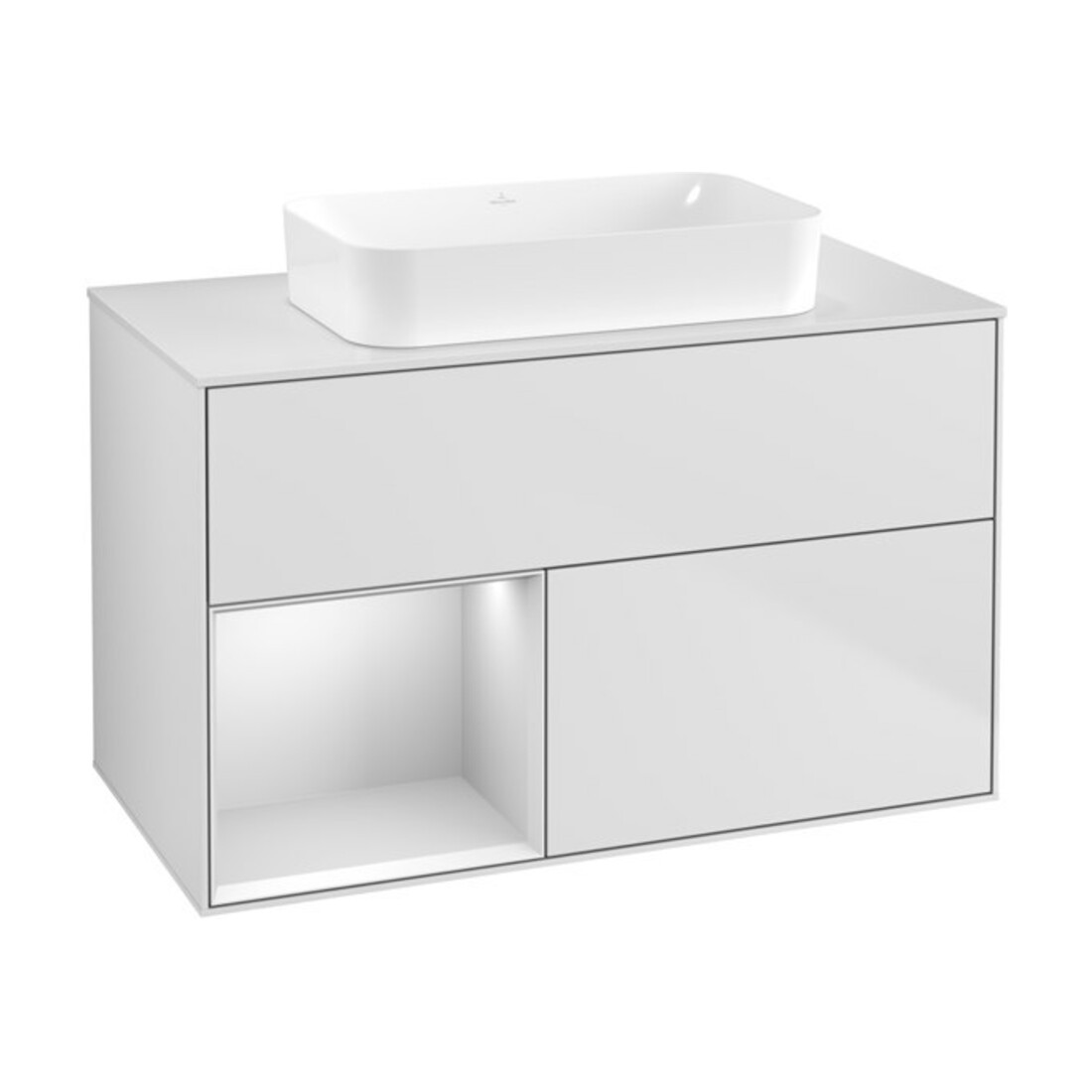 V&B Meuble sous-lavabo Finion 100x60,3 cm, éclairage mural, rég. gauche, blanc laqué