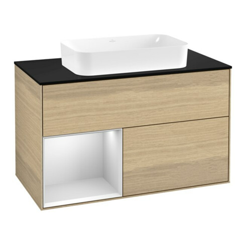 V&B Meuble sous lavabo Finion 100x60,3 cm, éclairage mural, rég. gauche, blanc, placage Oa