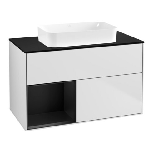 V&B Meuble sous lavabo Finion 100x60,3 cm, éclairage mural, rég. gauche, bleu m Lac, blanc m Lac