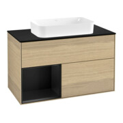 V&B Meuble sous lavabo Finion 100x60,3 cm, éclairage mural, rég. gauche, bleu m Lac, placage Oa