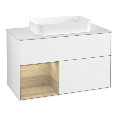 V&B Meuble sous lavabo Finion 100x60,3 cm, étagère gauche, blanc brillant laqué