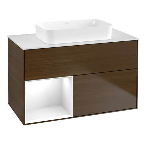 V&B Meuble sous-lavabo Finion 100x60,3 cm, étagère gauche, blanc brillant, placage noyer