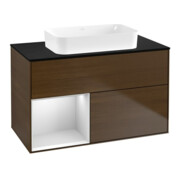 V&B Meuble sous lavabo Finion 100x60,3 cm, étagère gauche, blanc mat, noyer veinée