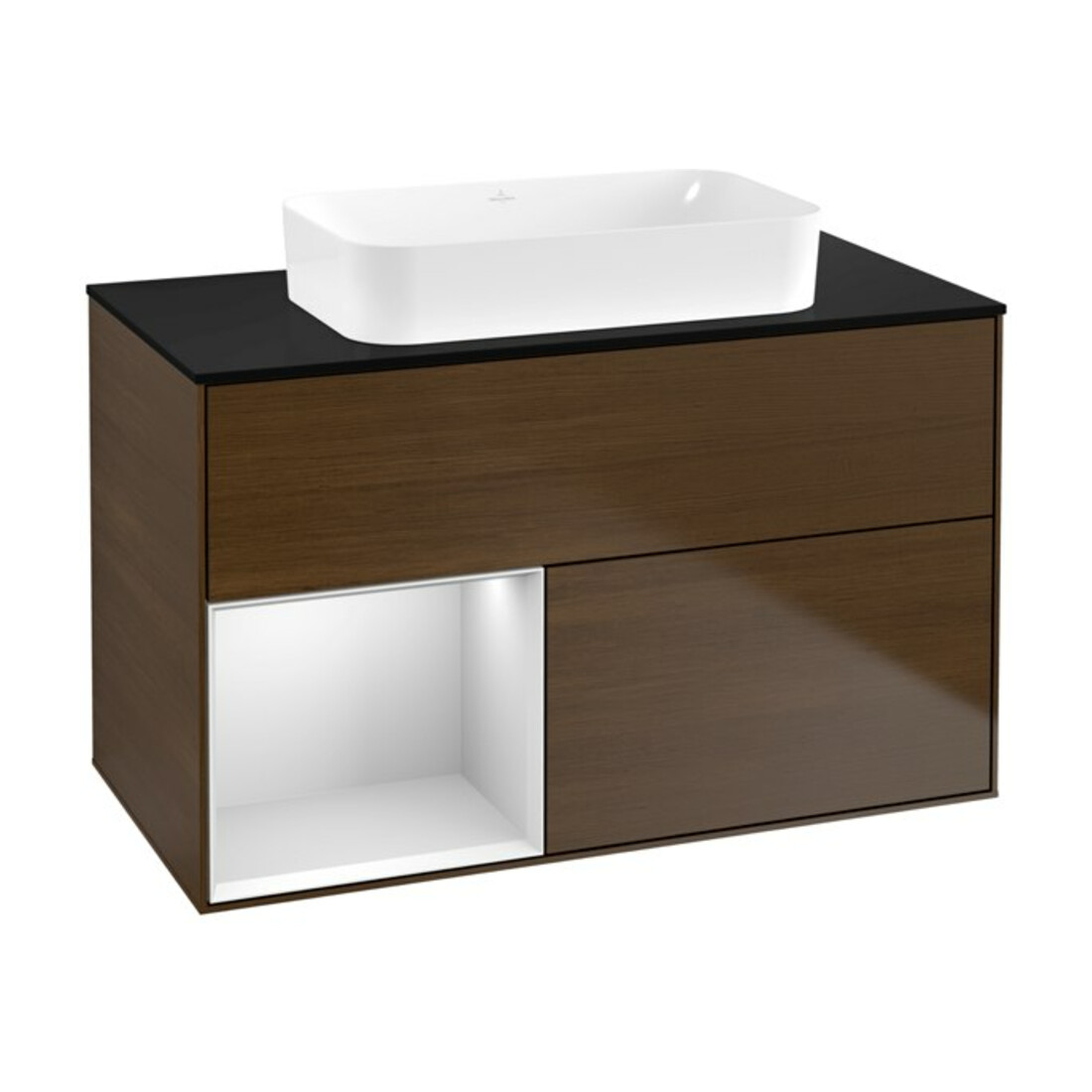 V&B Meuble sous lavabo Finion 100x60,3 cm, étagère gauche, blanc mat, noyer veinée