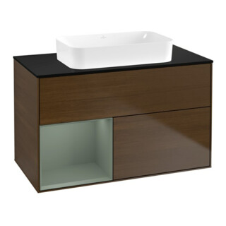 V&B Meuble sous-lavabo Finion 100x60,3 cm, étagère gauche, olivier mat, laqué, noyer veinée