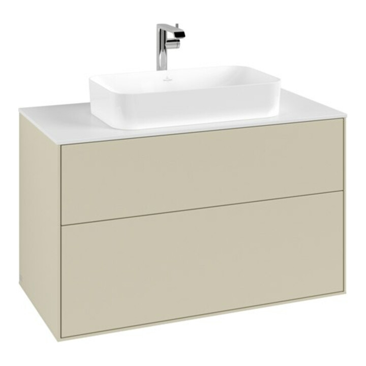 V&B Meuble sous lavabo Finion 100x60,3 cm, plan de drainage blanc, poignées argent mat, laqué