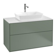 V&B Meuble sous lavabo Finion 100x60,3 cm, plan de toilette blanc, olivier avec laque