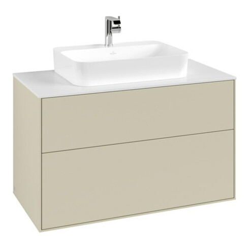 V&B Meuble sous lavabo Finion 100x60,3 cm, plan de toilette blanc, poignée grise mate laquée