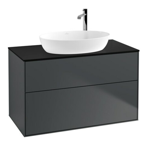 V&B Meuble sous lavabo Finion 100x60,3 cm, plan de toilette bleu mat, miroir bleu mat Lac
