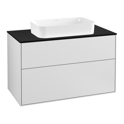 V&B Meuble sous lavabo Finion 100x60,3 cm, plaque d’abattant bleue, blanc mat Lac