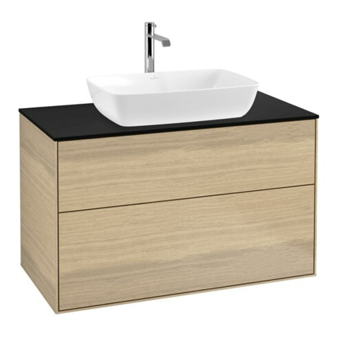 V&B Meuble sous lavabo Finion 100x60,3 cm, plaque d'abattant bleue, placage chêne