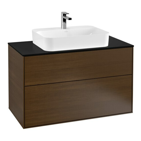 V&B Meuble sous lavabo Finion 100x60,3 cm, plaque d’abattant bleue, placage noyer