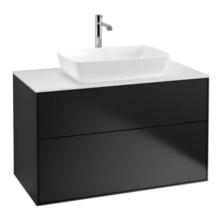 V&B Meuble sous lavabo Finion 100x60,3 cm, plaque de fermeture blanche, façade bleue avec laque