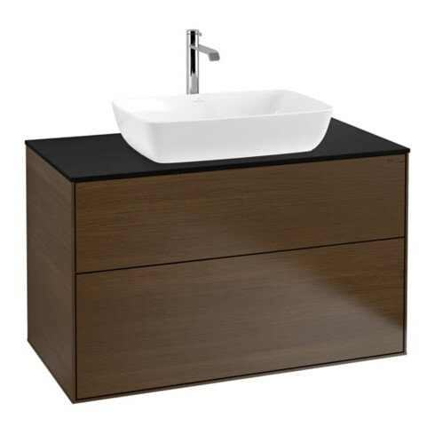 V&B Meuble sous lavabo Finion 100x60,3 cm, plaque de fermeture bleue, placage noyer