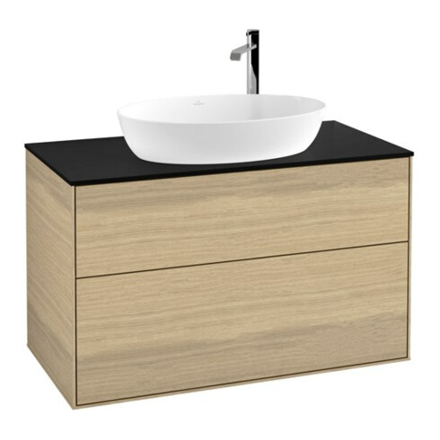 V&B Meuble sous lavabo Finion 100x60,3 cm, plaque d’habillage bleue, placage chêne