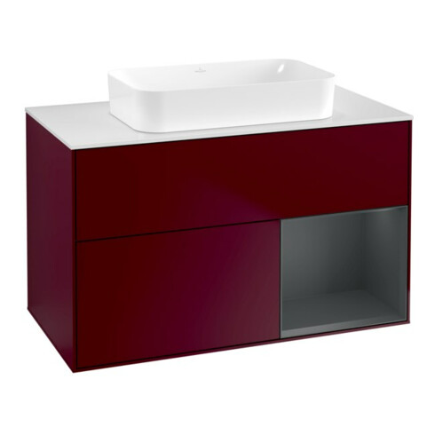 V&B Meuble sous-lavabo Finion 100x60,3 cm, porte droite, miroir, blanc laqué, Peo m