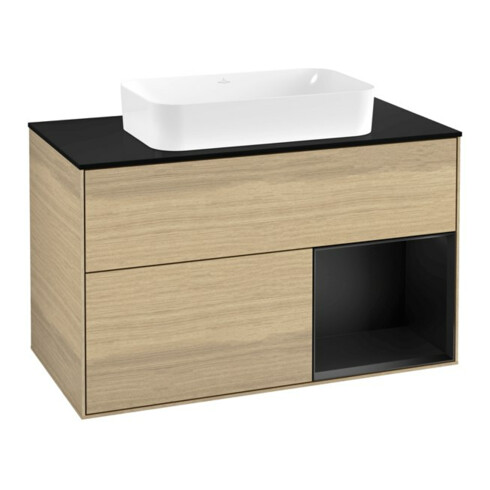 V&B Meuble sous lavabo Finion 100x60,3 cm, rég. droite, bleu mat, placage Oa