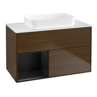 V&B Meuble sous lavabo Finion 100x60,3 cm, rég. G, bleu m Lac, noyer ven.