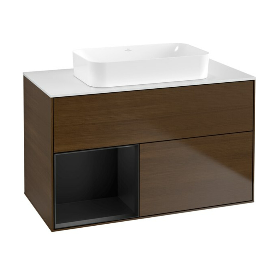 V&B Meuble sous lavabo Finion 100x60,3 cm, rég. G, bleu m Lac, noyer ven.