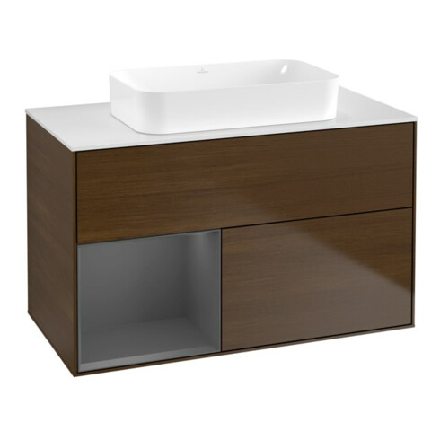V&B Meuble sous-lavabo Finion 100x60,3 cm, tiroir gauche Anthracite mat, noyer veinée