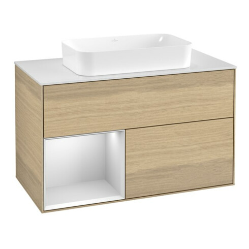 V&B Meuble sous lavabo Finion 100x60,3 cm, tiroir gauche blanc mat, placage Oa