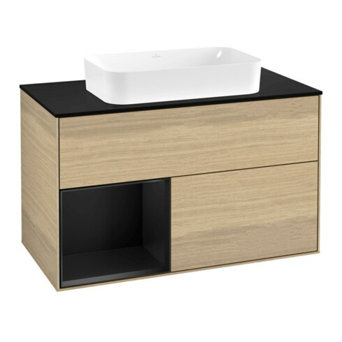 V&B Meuble sous lavabo Finion 100x60,3 cm, tiroir gauche, bleu mat, placage Oa