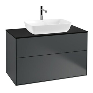 V&B Meuble sous-lavabo Finion 100x60,3cm, éclairage mural, plaque de fermeture bleue m, miroir bleu m Lac
