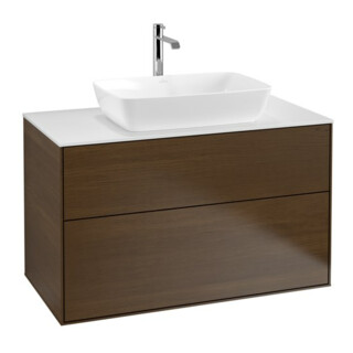 V&B Meuble sous lavabo Finion 100x60,3cm, plan de découpe blanc, placage noyer