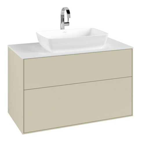 V&B Meuble sous lavabo Finion 100x60,3cm, plinthe abattante blanc, poignée argent mat laqué