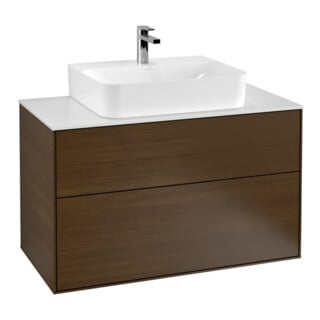 V&B Meuble sous lavabo Finion 100x60,3x50,1cm, plan de toilette blanc, noyer veinée