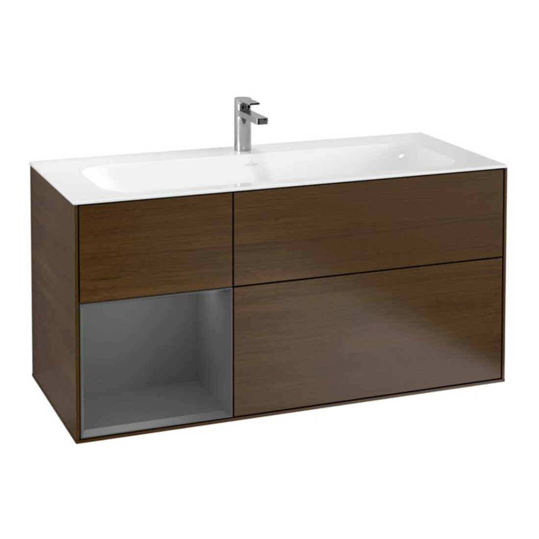 V&B Meuble sous lavabo Finion 119,6x59,1 cm, éclairage mural, anthracite, rég. gauche, noyer veneer