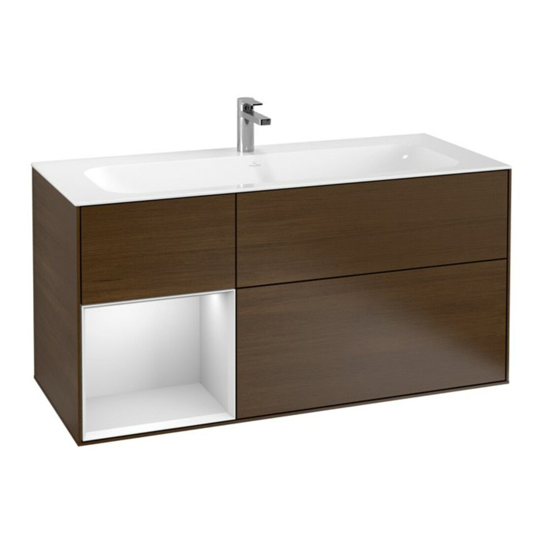 V&B Meuble sous lavabo Finion 119,6x59,1cm, étagère gauche blanc mat avec laque, noyer veinée
