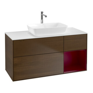 V&B Meuble sous-lavabo Finion 120 cm, blanc, avec éclairage mural, étagère Peo laqué, placage noyer