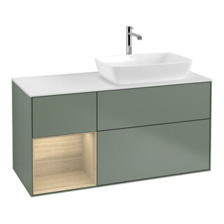 V&B Meuble sous-lavabo Finion 120 cm, blanc, avec éclairage mural, olivier laqué