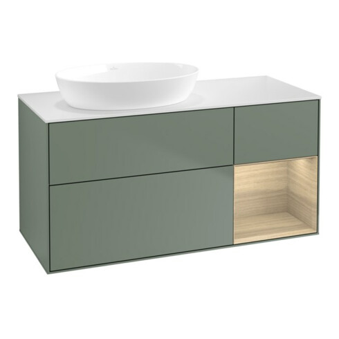 V&B Meuble sous lavabo Finion 120 cm, blanc, avec éclairage mural, poignée Oa ven, huile avec laque