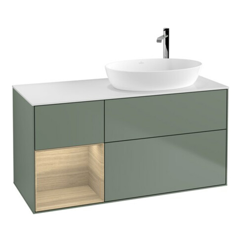 V&B Meuble sous-lavabo Finion 120 cm, blanc, avec éclairage mural, tiroir, huile avec laque