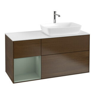 V&B Meuble sous lavabo Finion 120 cm, blanc, avec éclairage mural, tiroirs huilés, placage noyer veneer